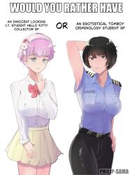 2girls arm_on_own_head artist_name belt black_pants blue_eyes blue_shirt breasts brown_eyes epaulettes hair_ribbon headband hello_kitty hello_kitty_(character) highres multiple_girls original pants philip-sama pink_hair ribbon sanrio shirt short_hair skirt tomboy white_background white_shirt yellow_skirt