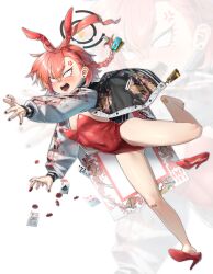 1girl absurdres ahoge anger_vein animal_ear_hairband animal_ears bandaid bandaid_on_foot bandaid_on_knee bandaid_on_leg black_halo black_nails blank_eyes blue_archive blush braid breasts card commentary_request covered_navel earrings fake_animal_ears falling full_body hairband halo high_heels highres huge_ahoge jacket jewelry leotard long_sleeves mole mole_under_each_eye mole_under_eye multiple_moles nail_polish neru_(blue_archive) neru_(bunny)_(blue_archive) official_alternate_costume open_clothes open_jacket open_mouth oversized_breast_cup playboy_bunny playing_card poker_chip rabbit_ear_hairband rabbit_ears red_eyes red_leotard red_shoes shoe_dangle shoe_loss shoes short_hair side_braid small_breasts solo strapless strapless_leotard stud_earrings sukajan teeth toenail_polish toenails walking_nakta zoom_layer