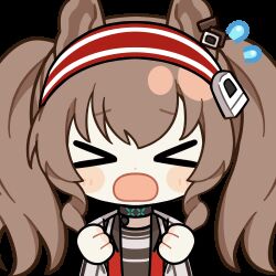 &gt;_&lt; 1girl :o angelina_(arknights) animal_ears animated animated_gif arknights black_choker blush brown_hair chinese_commentary choker chunye_haruya coat commentary_request dot_nose earpiece flying_sweatdrops fox_ears hair_between_eyes hairband infection_monitor_(arknights) jacket long_hair lowres material_growth open_clothes open_coat open_jacket open_mouth oripathy_lesion_(arknights) red_eyes red_hairband red_jacket second-party_source solo striped_clothes striped_hairband sweatdrop transparent_background twintails two-tone_hairband upper_body white_coat