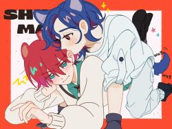 1boy 1girl all_fours amate_yuzuriha animal_ears aqua_eyes biting biting_ear blue_hair blush collared_shirt colored_inner_hair dog_boy dog_ears dog_tail gloves gundam gundam_gquuuuuux hetero highres kemonomimi_mode long_sleeves mai13198720 multicolored_hair pants purple_hair red_eyes red_hair school_uniform shirt shoes short_hair shuji_ito squirrel_ears squirrel_girl sweater tail two-tone_hair white_shirt