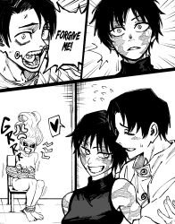 1boy 2girls angry black_hair burn_scar chair couple dingotoad facial_tattoo happy hetero highres hug jujutsu_kaisen monochrome multiple_girls okkotsu_yuuta room scar short_hair surprised tattoo tied_up_(nonsexual) tomboy uro_takako vanilla zen&#039;in_maki