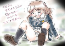 Rule 34 | 1girl, arm support, black dress, black socks, blush, bow, bow panties, breasts, brown hair, brown shoes, character request, closed eyes, clothes lift, dress, dress lift, fallen down, flying sweatdrops, grey neckerchief, long hair, long sleeves, neckerchief, open mouth, panties, school uniform, shoes, sitting, small breasts, socks, su (pixiv 263717), underwear, white bow, white panties