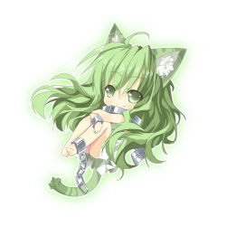 1girl animal_ears barefoot cat_ears cat_tail chibi cuffs eiyuu_densetsu falcom female_focus full_body green_eyes green_hair kea kea_(eiyuu_densetsu) kemonomimi_mode long_hair matching_hair/eyes saru shackles simple_background skirt smile solo tail white_background zero_no_kiseki