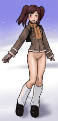 1girl backpack bag blush bottomless brown_hair censored female_focus flat_chest gloves groin happy jukan_a_extra_5 loose_socks mosaic_censoring no_panties outdoors randoseru red_hair scarf shiny_skin smile snow snowing socks solo twintails yoshino_momiji