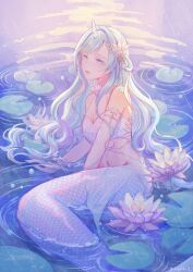 1girl bikini blue_eyes blue_hair blue_tail breasts cleavage closed_mouth commentary_request fins flower hair_flower hair_ornament highres horns large_breasts liliantsai0417 looking_at_viewer lotus_leaf mermaid monster_girl original partially_submerged scales single_horn sitting solo swimsuit white_bikini