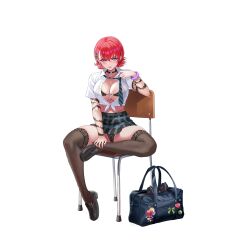 1girl adjusting_clothes adjusting_necktie arm_tattoo badge bag bead_bracelet beads black_bra black_choker black_panties black_shoes black_thighhighs blue_bag blush bra bracelet breasts button_badge chair checkered_clothes checkered_skirt choker cleavage collared_shirt diagonal-striped_clothes diagonal-striped_necktie ear_piercing explosive feet_on_chair floral_print flower front-tie_bra full_body green_necktie grenade gyaru hair_between_eyes hair_flower hair_ornament heart heart_choker highres janghwa_(last_origin) jewelry lace lace-trimmed_bra lace-trimmed_thighhighs lace_bra lace_panties lace_trim large_breasts last_origin linea_alba loafers looking_at_viewer microskirt mole mole_under_eye multiple_moles nail_polish necktie official_alternate_costume official_art open_clothes open_mouth open_shirt panties pantyshot piercing pleated_skirt pom_pom_(clothes) purple_eyes purple_scrunchie red_hair red_nails ribbon ribbon-trimmed_bra ribbon_trim school_bag school_chair school_uniform scrunchie shirt shoes short_hair short_sleeves simple_background sitting skirt slit_pupils smiley_face solo spread_legs striped_clothes stuffed_animal stuffed_cat stuffed_toy tachi-e taesi tattoo teeth thick_thighs thighhighs thighs third-party_source thorn_print tied_shirt tongue transparent_background underwear upper_teeth_only v-shaped_eyebrows white_ribbon white_shirt x_hair_ornament