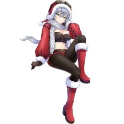 1girl black_pantyhose boots breasts christmas cleavage crop_top dolphin_wave dress fur-trimmed_headwear fur-trimmed_jacket fur_trim game_cg goggles goggles_on_head green_eyes grey_hair hat high_heel_boots high_heels highres jacket looking_at_viewer medium_breasts navel non-web_source official_art ootomo_takuji pantyhose red_boots red_hat red_jacket santa_costume santa_dress santa_hat sarah_anthony scarf short_hair sitting sitting_on_object smile spiked_hair transparent_background white_scarf