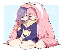 2girls :3 absurdres bang_dream! bang_dream!_it&#039;s_mygo!!!!! blue_background border chihaya_anon chinese_commentary commentary_request dated grey_hair highres hug hug_from_behind long_hair multiple_girls outside_border pink_hair red_eyes shirt short_hair sitting sleeves_past_wrists squeans takamatsu_tomori white_border white_shirt yuri zhanzhangzlw