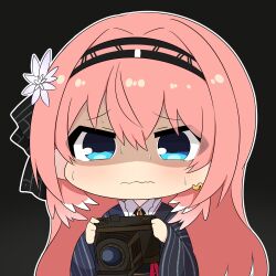 Rule 34 | 1girl, black background, black hairband, black kimono, blue eyes, camera, chibi, chibi only, double-parted bangs, hair between eyes, hairband, holding, holding camera, hololive, japanese clothes, kimono, long hair, long sleeves, looking at viewer, nervous sweating, official alternate costume, outline, pink hair, scared, shirt, simple background, solo, striped clothes, striped kimono, sweat, takane lui, takane lui (new year), twumi, upper body, vertical-striped clothes, vertical-striped kimono, very long hair, virtual youtuber, wavy mouth, white outline, white shirt, white undershirt, wide sleeves