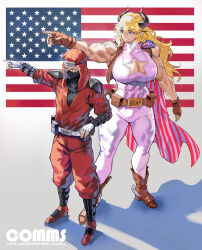 Rule 34 | 1boy, 1girl, absurdres, american flag, american flag print, belt buckle, black horns, blonde hair, breast freckles, buckle, cape, cleavage cutout, clothing cutout, commentary, commission, covered abs, cow girl, cow horns, english commentary, fingerless gloves, flag print, freckles, gloves, highres, horns, long hair, muscular, muscular female, original, park ongjol, shoulder freckles, star (symbol), star cutout, star print, tall female, twitter username, ushi walker (mha quest)