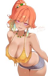 1girl alternate_costume blush brazilian_miku breasts cleavage covered_erect_nipples dated earrings feather_earrings feathers gradient_hair green_hair hatsune_miku high_ponytail highres hololive hololive_english jewelry large_breasts looking_at_viewer mashiro_www multicolored_hair necklace open_mouth orange_hair ponytail purple_eyes signature simple_background smile solo takanashi_kiara tan tanline tanline_peek virtual_youtuber white_background