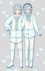 2boys :d aqua_bow aqua_bowtie aqua_necktie ayuming beret black_hat boots bow bowtie brothers closed_mouth collared_shirt curtained_hair eugene_alexandrovich_romano floral_background frilled_bowtie full_body gloves green_eyes grey_background grey_hair hair_between_eyes hand_on_another&#039;s_back hat ivan_alexandrovich_romano knee_boots long_shirt long_sleeves looking_at_viewer male_focus multiple_boys necktie open_mouth oushitsu_kyoushi_heine pants ponytail shirt short_hair short_ponytail siblings sidelocks smile standing straight-on twins untucked_shirt vest wavy_hair white_boots white_gloves white_shirt yellow_pants yellow_vest