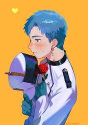 1boy aynoh blue_gloves blue_hair blush buttons closed_mouth collared_shirt earrings flower gloves hat heart highres holding holding_flower holding_unworn_clothes holding_unworn_hat jacket jewelry long_sleeves looking_ahead male_focus orange_background original parted_bangs piercing profile red_flower red_rose rose shirt short_hair sideburns simple_background solo sweatdrop unworn_hat unworn_headwear very_short_hair white_jacket