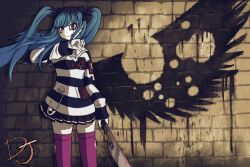 1girl amemiya_darumi angel_wings black_bow black_hair black_skirt black_wings blue_hair bow ear_piercing graffiti knife long_sleeves looking_at_viewer multicolored_hair piercing pink_eyes pink_thighhighs pleated_skirt red_bow safety_pin shirt skirt striped_clothes striped_shirt the_hundred_line_-last_defense_academy- thighhighs twintails wings