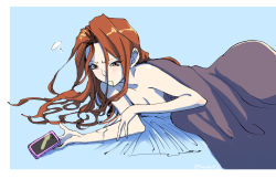 10s 1girl aqua_background blanket blue_background breasts brown_eyes brown_hair cellphone cleavage covering_breasts covering_privates drooling female_focus hip_focus idolmaster idolmaster_cinderella_girls messy_hair nude phone saliva simple_background sketch sleeping_nude smartphone solo twitter_username under_covers waking_up watanuki_hiroya zaizen_tokiko