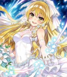 Rule 34 | 1girl, :d, alternate costume, blonde hair, bouquet, bow, braid, breasts, bridal veil, chacham, cleavage, covered navel, cowboy shot, dress, elbow gloves, flower, gloves, hair bow, hair flower, hair ornament, holding, holding bouquet, jewelry, kirisame marisa, long hair, looking at viewer, marker (medium), medium breasts, open mouth, outstretched arm, ring, see-through cleavage, see-through clothes, side braid, single braid, sleeveless, sleeveless dress, smile, solo, touhou, traditional media, twitter username, veil, very long hair, wedding dress, wedding ring, white bow, white dress, white flower, white gloves, yellow eyes