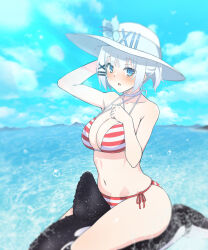 1girl bikini blue_eyes blue_sky blush breasts cleavage collarbone cowboy_shot dolphin_riding flower hair_ornament hand_on_headwear hand_on_own_chest hat hat_flower highres large_breasts looking_at_viewer navel ocean orca parted_lips red_bikini short_hair side-tie_bikini_bottom siesta_(tantei_wa_mou_shindeiru) sky solo stomach striped_bikini striped_clothes sun_hat swimsuit tantei_wa_mou_shindeiru water white_bikini white_hair white_hat x_hair_ornament yghm