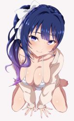 1girl bare_legs barefoot bikini bow braid breasts cardigan cleavage closed_mouth earrings from_above gradient_hair hair_bow highres idolmaster idolmaster_va-liv jewelry kamizuru_cosmo large_breasts long_hair looking_at_viewer multicolored_hair open_cardigan open_clothes pov purple_eyes purple_hair rqm55 side_ponytail simple_background solo swimsuit virtual_youtuber white_background white_bikini