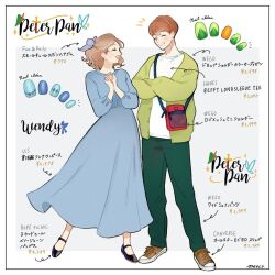 1boy 1girl animification bow brown_hair character_name contemporary copyright_name dress full_body hair_bow happy highres looking_at_viewer meecosme open_mouth pointy_ears short_hair short_sleeves smile walt_disney&#039;s_peter_pan wendy_darling