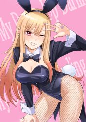Rule 34 | 1girl, animal ear hairband, animal ears, black bow, black bowtie, black leotard, blonde hair, bow, bowtie, breasts, cleavage, copyright name, ear piercing, earrings, fake animal ears, fake tail, female focus, fingernails, fishnet pantyhose, fishnets, gradient hair, gyaru, hair between eyes, hairband, highleg, highleg leotard, highres, jewelry, kitagawa marin, leotard, long fingernails, long sleeves, looking at viewer, multicolored hair, nail polish, one eye closed, pantyhose, pariya 0001, piercing, pink background, pink eyes, pink hair, playboy bunny, purple nails, rabbit ear hairband, rabbit ears, rabbit tail, ring, simple background, smile, solo, sono bisque doll wa koi wo suru, tail, w, white wrist cuffs, wrist cuffs