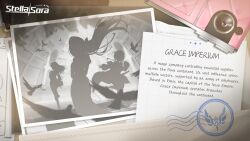 3girls bastelina_(stella_sora) camera character_request commentary copyright_name copyright_notice english_commentary english_text floating_hair grace_imperium_(stella_sora) highres indoors ink_stamp long_hair multiple_girls official_art photo_(object) silhouette stella_sora