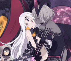 1boy 2girls abigail_williams_(fate) abigail_williams_(third_ascension)_(fate) bare_shoulders black_bow black_dress black_headwear black_panties blush bow breasts choker cleavage closed_eyes collarbone colored_skin corruption dark_persona detached_sleeves dress dual_persona fate/grand_order fate/grand_order_arcade fate_(series) forehead glasses grey_hair grey_jacket grey_skin hair_bow hat hood hood_up hooded_jacket horns jacket jacques_de_molay_(foreigner)_(fate) jacques_de_molay_(foreigner)_(third_ascension)_(fate) jacques_de_molay_(saber)_(fate) keyhole kiss large_breasts long_hair looking_at_viewer moruka_(karupattyo03) multiple_bows multiple_girls navel open_mouth orange_bow panties parted_bangs polka_dot polka_dot_bow possessed possession red_eyes sharp_teeth short_dress short_hair small_breasts teeth tentacles third_eye underwear white_hair white_skin witch_hat yog-sothoth yuri
