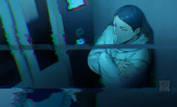1boy blue_theme chromatic_aberration closed_mouth commentary_request crossed_arms door fukurai_azami glitch highres hood hood_down hooded_jacket indoors jacket long_sleeves male_focus monochrome open_mouth saida_(ohda_ooda) short_hair solo_focus toshi_densetsu_kaitai_center upper_body yamada_gasmask