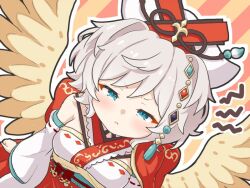 1girl :i aqua_sash blue_eyes blush breasts cape commentary_request detached_sleeves diagonal-striped_background grey_hair half-closed_eyes looking_at_viewer medium_breasts niwa_so_ji obi obiage obijime orange_background orange_cape outline pout princess_connect! resplendent_phoenix_(shadowverse) sash shirt short_hair side_cape single_bare_shoulder sleeveless sleeveless_shirt solo striped_background v-shaped_eyebrows white_outline white_shirt white_sleeves yellow_background yellow_wings