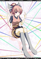 1girl bad_id bad_pixiv_id blonde_hair dress female_focus grey_socks hair_ribbon kneehighs kurodani_yamame orange_hair purple_eyes red_eyes ribbon sitting socks solo string takiteru thread touhou