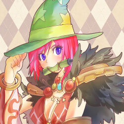 1girl argyle_background argyle_clothes argyle_dress blush breasts brown_background cleavage commentary_request detached_sleeves dress fur_collar green_hat hat large_breasts lautrec_v looking_at_viewer lowres pink_hair purple_eyes ragnarok_online scroll_tube short_hair solo sorcerer_(ragnarok_online) star_(symbol) star_print upper_body witch_hat