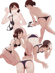 1girl absurdres alternate_costume ass bra breasts brown_eyes brown_hair butt_crack chainsaw_man crying dnaitari female_focus hair_ornament hairclip higashiyama_kobeni highres kneeling medium_hair multiple_views on_hands_and_knees open_mouth panties ponytail short_ponytail side_ponytail simple_background small_breasts sweat tears underwear white_background