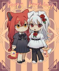 2girls :3 :d animal_ears bag belt birthday black_belt black_bow black_bowtie black_pantyhose black_shoes bow bowtie cat_ears cat_girl cat_tail chinese_commentary commentary_request dog_ears dog_girl dog_tail dress fata_morgana_no_yakata flower frown full_body grey_dress hair_flower hair_ornament happy_birthday highres holding holding_bag looking_up morgana_(fata_morgana_no_yakata) multiple_girls neck_flower open_mouth pantyhose red_eyes red_flower red_hair red_rose rose shoes smile tail the_white-haired_girl_(fata_morgana_no_yakata) white_dress white_hair white_shoes yellow_eyes yuer6350