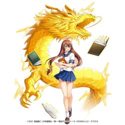 1girl breasts brown_hair glasses green_eyes ikkitousen kamihime_project_r large_breasts long_hair official_art ryuubi_gentoku skirt twintails