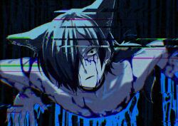 Rule 34 | 1boy, animal ears, black background, black choker, black eyes, blood, blood on body, blood on face, blue blood, blue hair, chino (sky tanosi), choker, commentary, constricted pupils, dog boy, dog ears, dog tail, fingernails, glitch, hair over one eye, highres, looking at viewer, male focus, original, sharp fingernails, short hair, solo, symbol-only commentary, tail, upper body