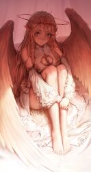 1girl absurdres angel aurora_avengarde bare_shoulders blonde_hair blue_nails braid breasts bright_pupils cleavage_cutout clothing_cutout commentary commission covered_collarbone detached_sleeves dress english_commentary eyelashes feathered_wings flower flower_ornament forehead_protector full_body grey_eyes hair_between_eyes halo highres hugging_own_legs indie_virtual_youtuber knees_up large_breasts light_particles long_hair looking_at_viewer numanoan own_hands_together parted_lips pointy_ears side_braids sitting solo sweat toenails toes very_long_hair virtual_youtuber white_dress white_flower white_pupils white_sleeves white_wings wings