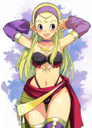 1girl arms_behind_head arms_up bikini black_bikini blonde_hair blue_eyes blush breasts choker cleavage collarbone dancer detached_sleeves dragon_quest dragon_quest_xi earrings hairband harem_outfit highleg highleg_bikini jewelry long_hair long_sleeves looking_to_the_side medium_breasts muramasa_mikado navel necklace official_alternate_costume open_mouth purple_background purple_thighhighs red_sarong sarong senya_(dq11) smile square_enix standing swimsuit thighhighs