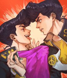 Rule 34 | 1boy, 1other, anchor ornament, anger vein, angry, black hair, commentary request, diamond wa kudakenai, earrings, fang, gakuran, heart ornament, higashikata josuke, high collar, highres, holding, holding shirt, holding unworn clothes, jewelry, jojo no kimyou na bouken, male focus, peace symbol, pen, pink shirt, pompadour, purple eyes, school uniform, shirt, stand (jojo), stud earrings, surface (stand), teeth, togusa jj, tongue, tongue out, unworn shirt, yellow shirt