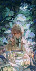1girl candle dress flower food fork glass highres holding holding_fork leaf long_hair long_sleeves neck_ribbon original plant plate rain ribbon solo sumi_0525 water yellow_eyes
