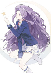 Rule 34 | 1girl, absurdres, aikatsu!, aikatsu! (series), blazer, blue jacket, blue socks, boots, bow, buttons, center frills, closed mouth, collared jacket, collared shirt, expressionless, eyelashes, foot out of frame, footwear bow, frilled shirt collar, frilled socks, frills, hairband, high heel boots, high heels, high ponytail, highres, jacket, kanzaki mizuki, knee boots, kneehighs, lapels, light blush, light particles, long hair, looking at object, miniskirt, morgue (southsakura), neck ribbon, notched lapels, on crescent, pleated skirt, pointy nose, ponytail, purple eyes, purple hair, red ribbon, ribbon, ribbon-trimmed hairband, school uniform, shirt, sidelocks, sitting, skirt, sleeve cuffs, socks, solo, star (symbol), starlight academy school uniform, very long hair, wavy hair, white background, white boots, white bow, white hairband, white shirt, white skirt