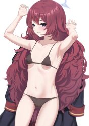 Rule 34 | 1girl, alternate costume, bare legs, bikini, black bikini, blue archive, blush, bottomless, cellphone, cowboy shot, halo, highres, iroha (blue archive), long hair, looking at viewer, lying, navel, phone, red hair, smartphone, solo, swimsuit, thigh gap, toshise.