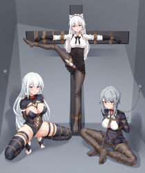 Rule 34 | 3girls, absurdres, animal ear fluff, animal ears, arms behind back, bdsm, black bow, black bowtie, black dress, black gloves, black leotard, black pantyhose, black thighhighs, blazer, blush, bondage, bound, bound arms, bound legs, bow, bowtie, breast bondage, breasts, cat ears, collar, collared shirt, cross, crotch rope, crucifixion, dress, frilled dress, frills, gloves, grey hair, highres, hitachi magic wand, jacket, large breasts, leash, leg up, leotard, long hair, looking at viewer, medium breasts, multiple girls, no shoes, open mouth, original, pantyhose, pleated skirt, pointy ears, red eyes, restrained, sex toy, shibari, shibari over clothes, shirt, shrug (clothing), sidelocks, sitting, skindentation, skirt, slave, spread legs, squatting, standing, stirrup legwear, suspension, t zhonglang, thigh strap, thighhighs, toeless legwear, very long hair, vibrator, white hair, white shirt