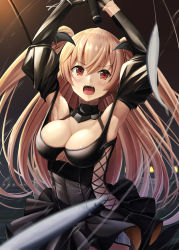 1girl absurdres armpits arms_up bare_shoulders black_dress black_gloves blush braid breasts cleavage clothing_cutout cowboy_shot cross-laced_clothes cross-laced_cutout detached_sleeves dress fish fishing_rod gloves hair_between_eyes halloween halloween_costume highres holding holding_fishing_rod horns ichikawa_feesu johnston_(halloween)_(kancolle) johnston_(kancolle) kantai_collection large_breasts light_brown_hair long_hair looking_at_viewer official_alternate_costume open_mouth red_eyes saury single_braid solo two_side_up