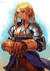 Rule 34 | 1girl, agrias oaks, armor, armored dress, blonde hair, braid, braided ponytail, breastplate, brown eyes, brown gloves, closed mouth, dress, female focus, final fantasy, final fantasy tactics, gloves, high-waist skirt, hungry clicker, knight, long hair, looking to the side, own hands together, pauldrons, plate armor, shoulder armor, single braid, skirt, solo, square enix, standing, sword, weapon