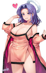 1girl alternate_costume artist_name breasts cleavage commentary_request cowboy_shot hair_intakes halo heart highres kantai_collection large_breasts looking_at_viewer mechanical_halo mitsuba_minoru orange_robe parted_lips purple_eyes purple_hair robe short_hair simple_background smile solo spaghetti_strap tatsuta_(kancolle) white_background