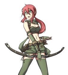 1girl arrow_(projectile) bandeau belt belt_pouch black-framed_eyewear bow_(weapon) breasts brown_belt commentary_request feet_out_of_frame fingerless_gloves glasses gloves green_bandeau green_eyes green_gloves green_scarf green_shorts green_thighhighs highres holding holding_bow_(weapon) holding_weapon long_hair looking_afar medium_breasts midriff nagioka navel open_mouth pouch quiver ragnarok_online ranger_(ragnarok_online) red_hair scarf shorts simple_background solo thighhighs weapon white_background