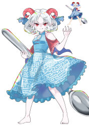 1girl absurdres bare_legs barefoot blue_dress bow clothing_cutout collared_dress dress earrings frilled_dress frills full_body grin hand_up highres holding holding_spork hoop_earrings horn_bow horn_ornament horns jewelry looking_at_viewer mandarin_collar meandros meandros_print odenmarket parted_bangs pointy_ears red_eyes red_horns red_sleeves rotte_(1109) sheep_horns short_hair shoulder_cutout simple_background smile solo spork standing touhou touhou_lostword toutetsu_yuuma white_background white_hair wide_sleeves