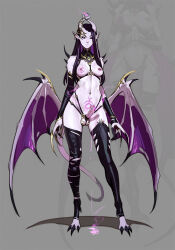 1futa black_claws black_eyes breasts breats demon_girl demon_horns demon_wings earrings erection futanari grey_background highres horns jewelry long_hair medium_breasts medium_penis navel nipple_piercing penis piercing pointy_ears simple_background solo tarakanovich testicles thighhighs torn_clothes torn_thighhighs warhammer_40k wings