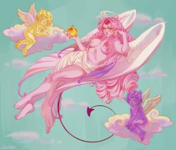 1girl 2boys absurdres angel_wings breasts cleavage colored_skin commentary cookie_run cookie_run:_kingdom demon_girl demon_tail demon_wings dress english_commentary eternal_sugar_cookie hair_over_breasts highres lexkko long_hair looking_at_viewer multiple_boys pink_hair pink_skin tail very_long_hair white_dress wings