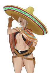 1girl angel_(kof) blue_eyes breasts calavera cleavage commentary english_commentary gloves hair_over_one_eye hat highres index_fingers_raised large_breasts looking_at_viewer mexican_clothes mexico midriff navel official_alternate_costume poncho short_hair simple_background smile snk solo sombrero the_king_of_fighters the_king_of_fighters_xiv toned toned_female tonyingredg underwear white_hair