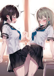 2futa absurdres arm_support ayanakitori black_hair black_skirt blue_neckerchief blush breasts ejaculation_under_clothes frottage frottage_through_clothing futa_with_futa futanari grey_hair highres holding_hands interlocked_fingers long_hair medium_breasts medium_hair multiple_futa neckerchief original paid_reward penis penises_touching school_uniform serafuku shirt short_sleeves skirt standing sweat textless_version twintails white_shirt